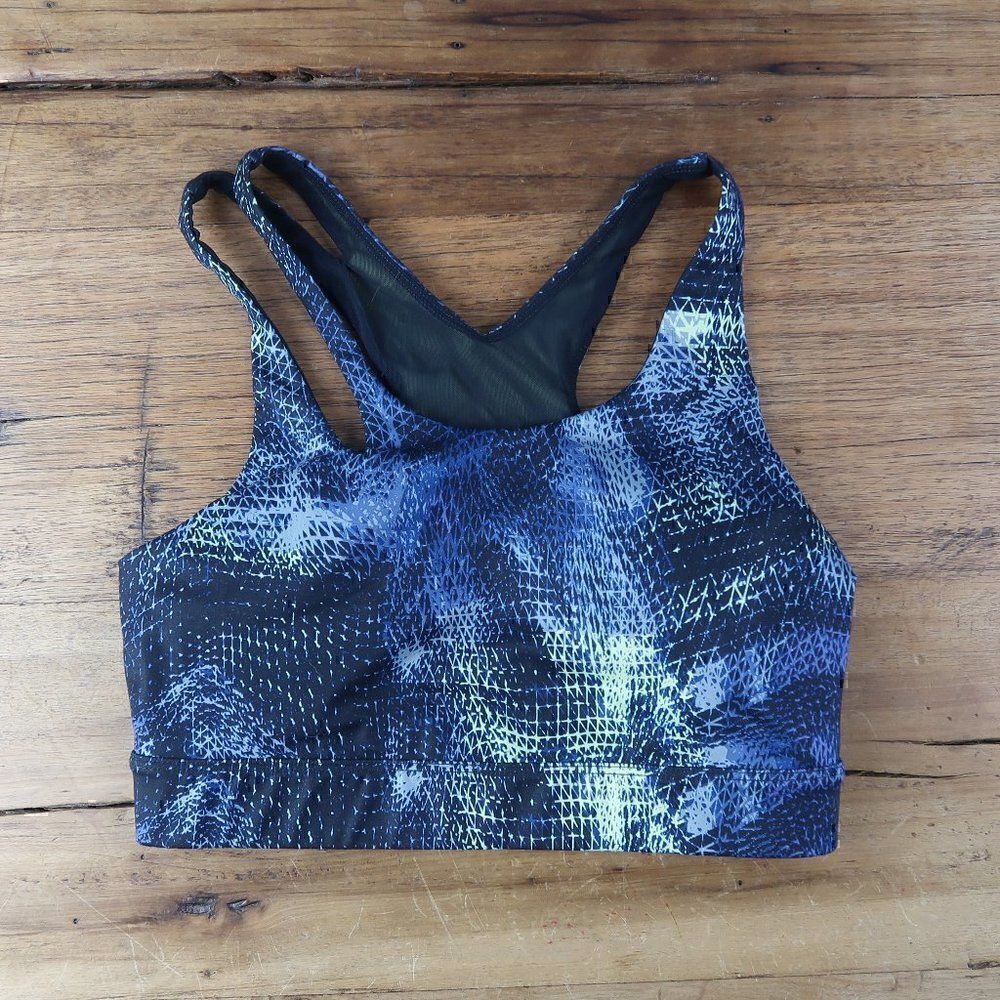 JOYLAB BLACK BLUE & YELLOW SPACE DESIGN SPORTS BRA WITH DOUBLE STRAPS SIZE XS